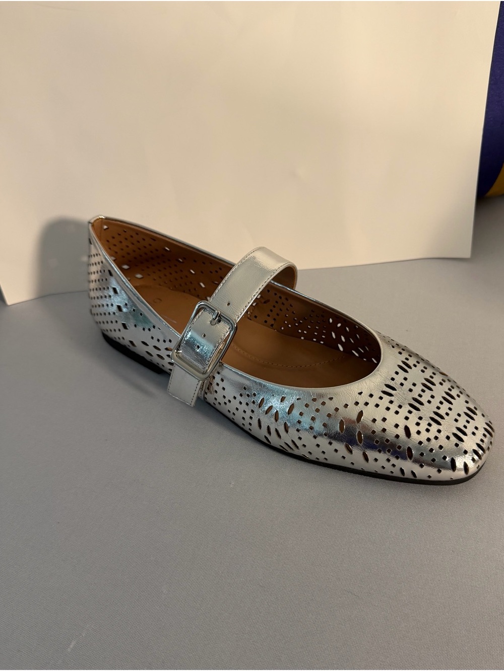 Paolo Silver Perforated Mary Jane Flat with Buckle